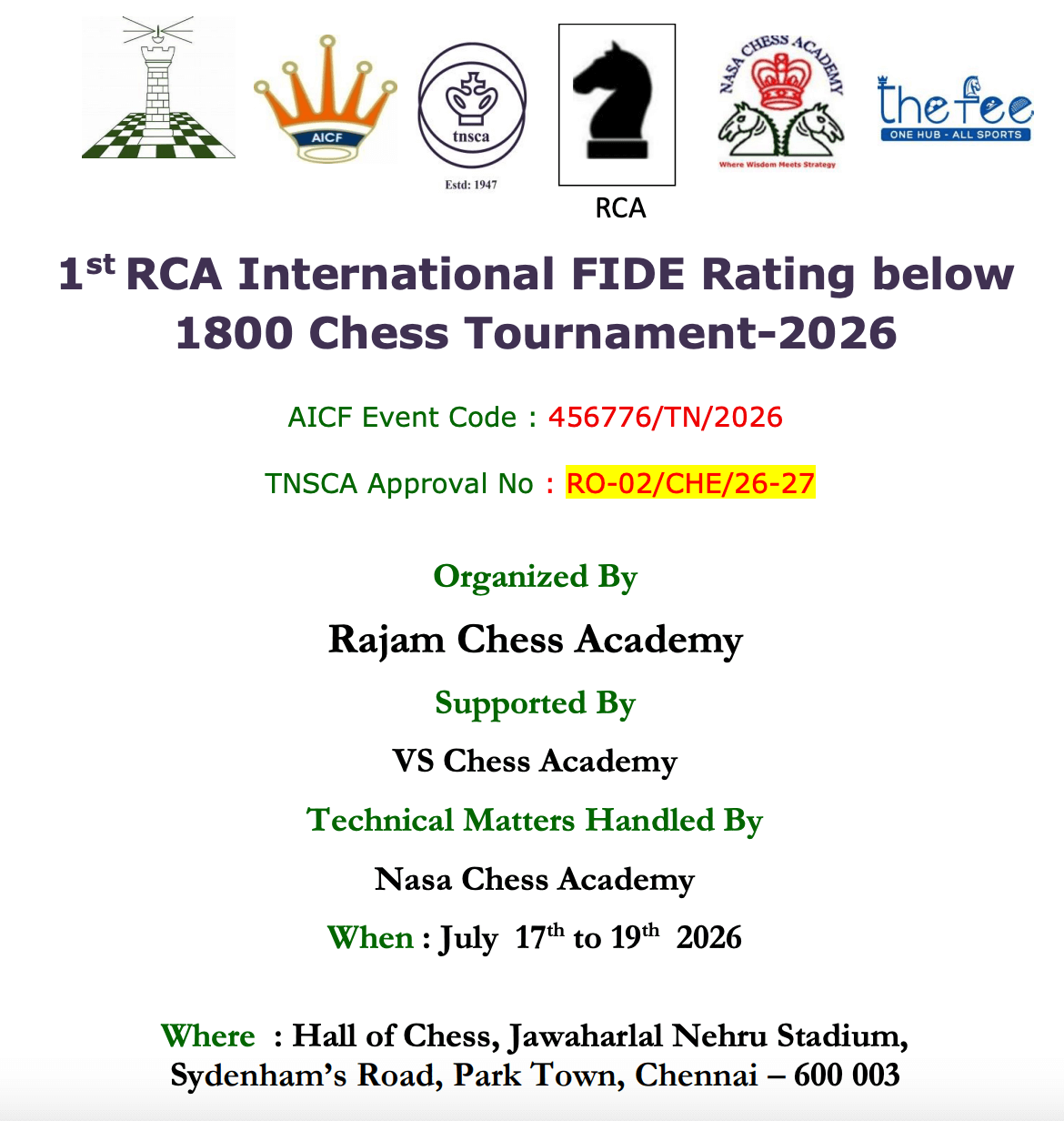 1st RCA International FIDE Rating Below 1800 Chess Tournament – 2026