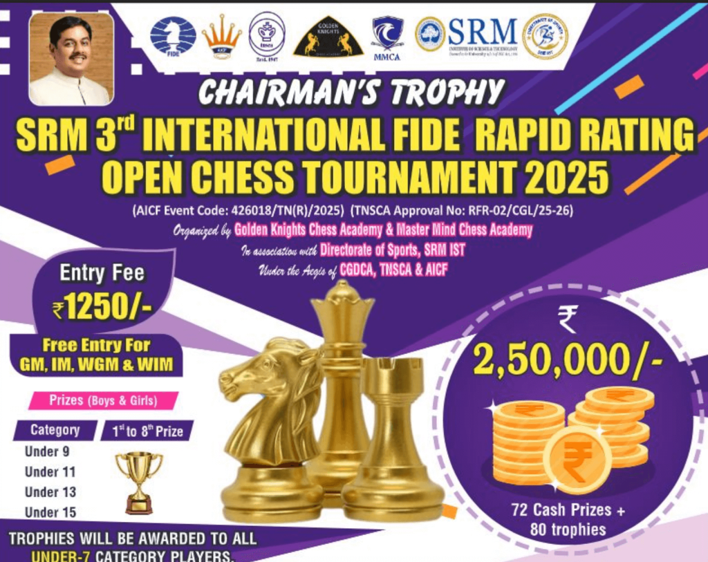 SRM Chess Tournament 2025, FIDE Rapid Rating Chess, Chennai Chess Event, International Chess Tournament India, FIDE Rated Chess 2025, Open Chess Chennai, Rapid Chess Tournament Chennai, SRM FIDE Rapid