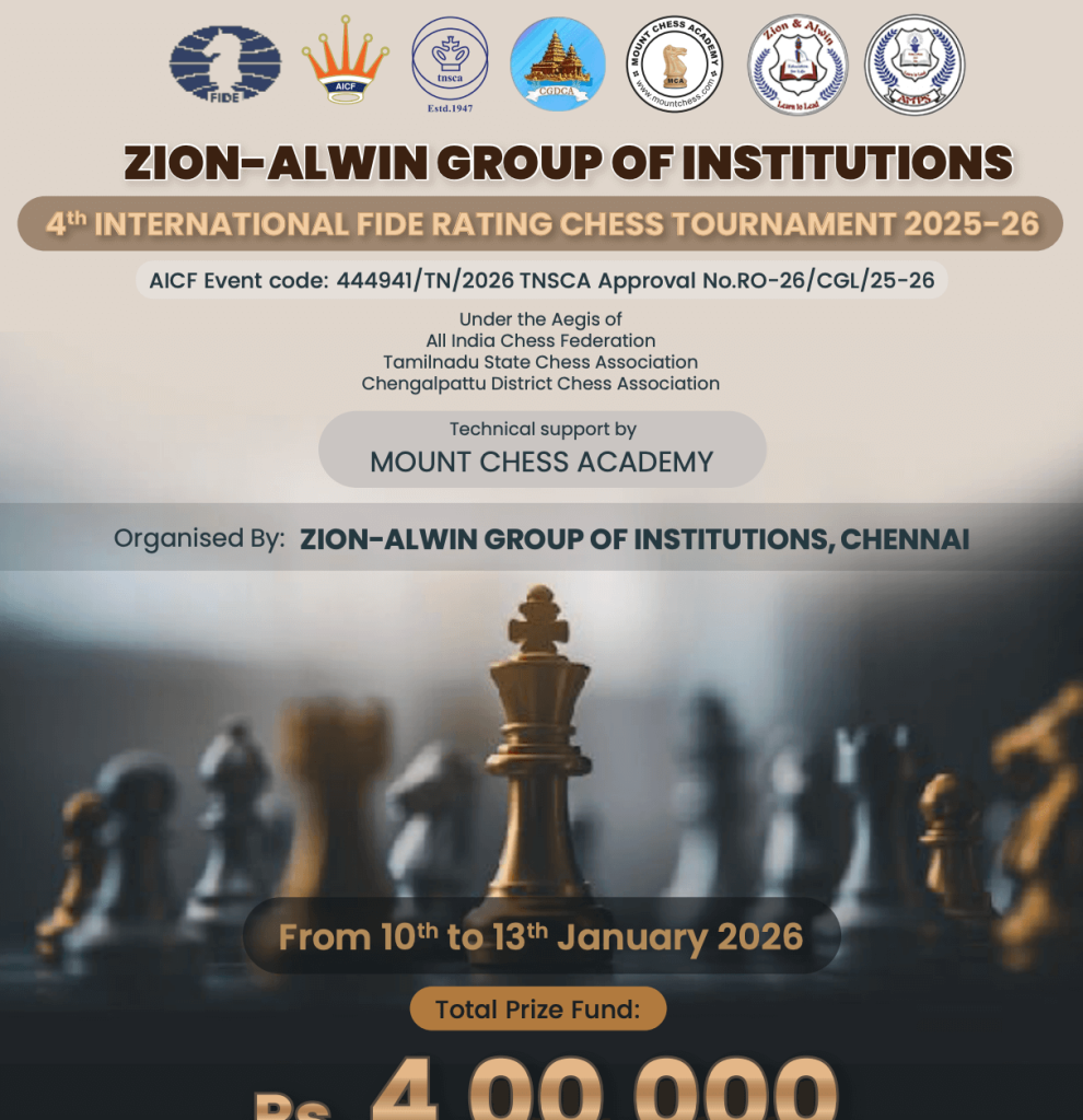Zion Alwin 4th international fide rated chess tournament 2026
